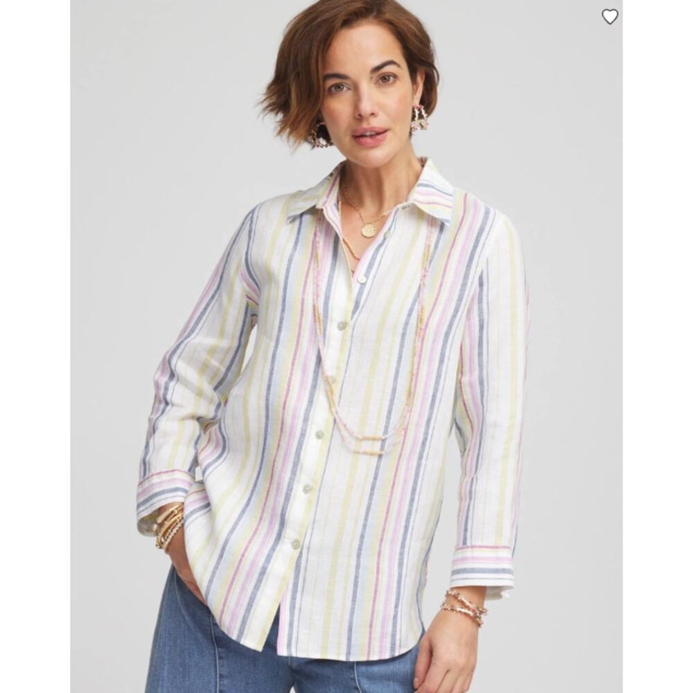 Chico's Multi No Iron Stripes Print Linen Career Button Top Women's 3 or Large